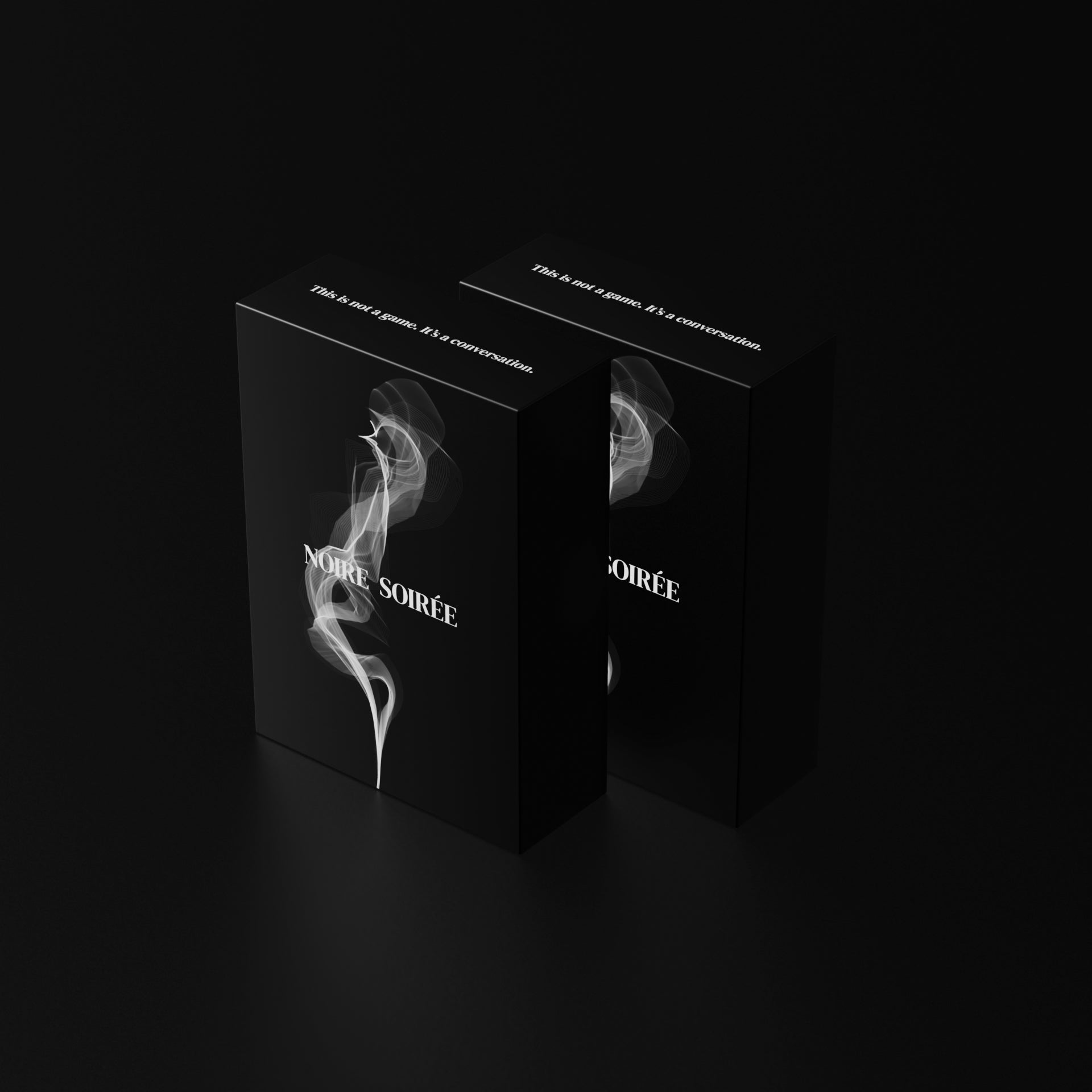 Noire Soirée conversation card game – black limited edition deck with smoke design on a dark background, elegant packaging for deep reflective questions
