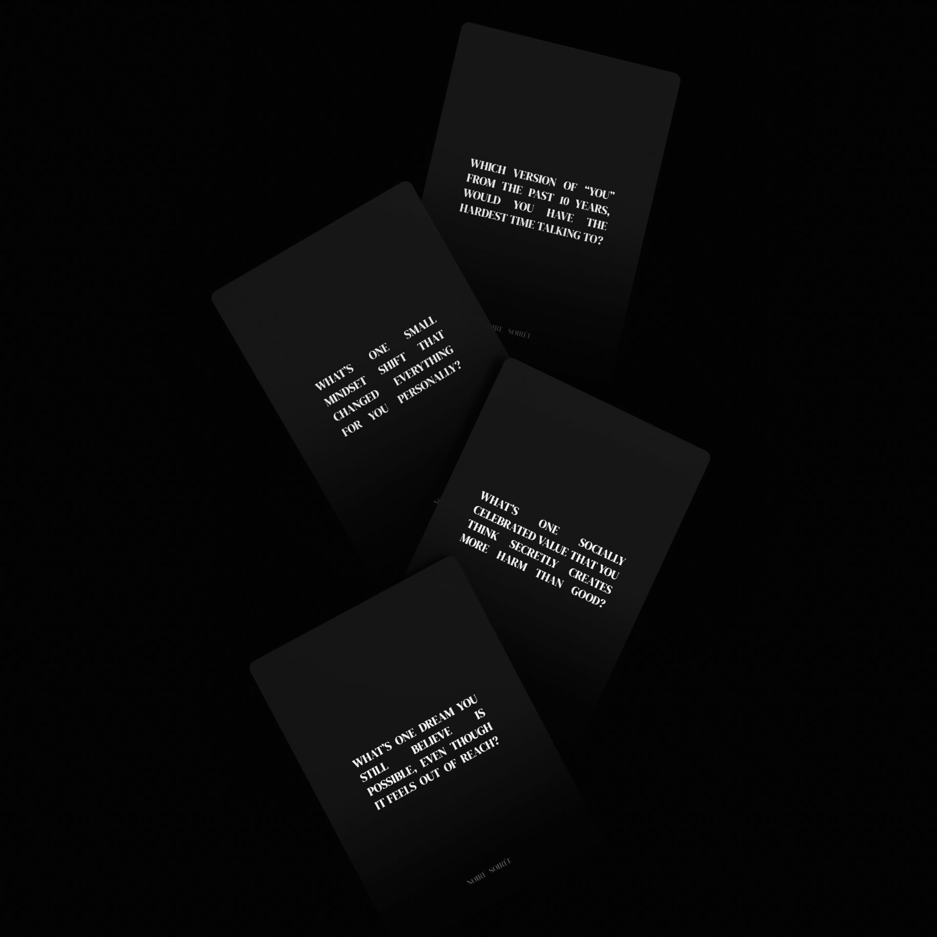 Noire Soirée conversation card game – black limited edition deck elegant packaging for deep reflective conversation questions